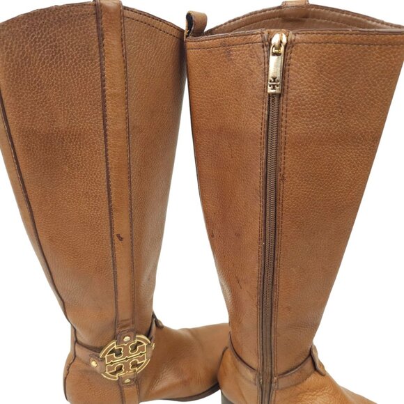 Tory Burch Amanda Tall Riding Boots READ Brown Leather Size 6.5 Side Zip Logo - Picture 6 of 15